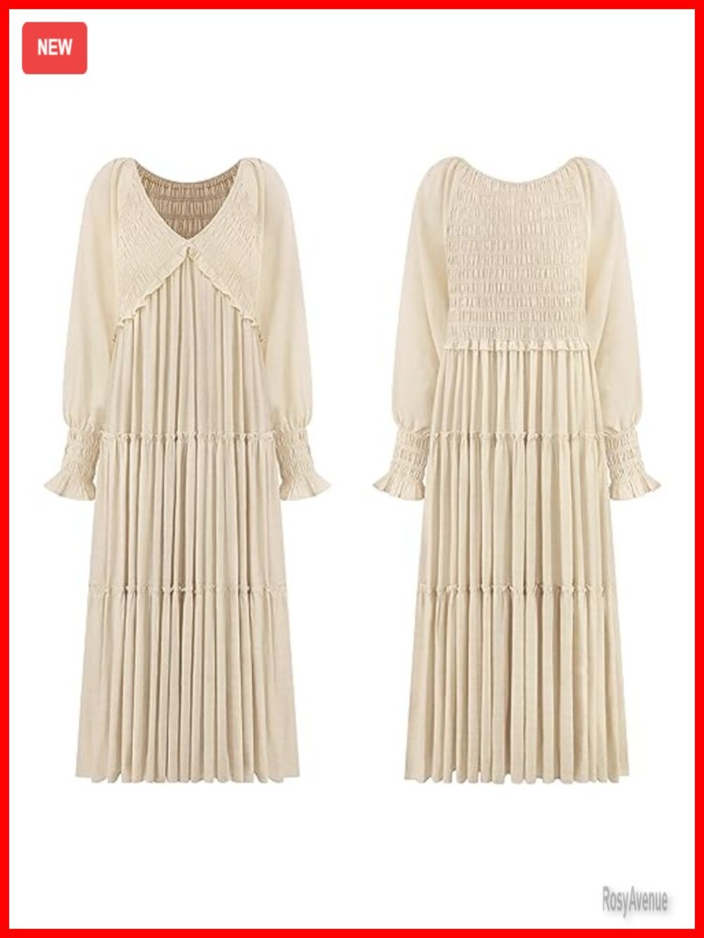Long Sleeve V Neck Empire Waist Layered Ruffle Flowy Boho Maxi Dress - Picture 6 of 7